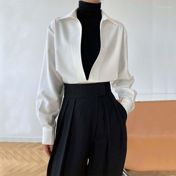 Женские блузки женская элегантная блузка 2022 Весна весенняя глубокая V-образная офисная офисная женщина черная белая рубашка Женщина с длинным рукавом твердый для женщин