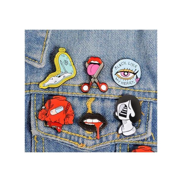 Pinos broches estilo punk l￡bios rel￳gio kawaii pinos badge badge bot￵es de camisa de broche de jeans decorativa para homens toma de gota de dhrzw