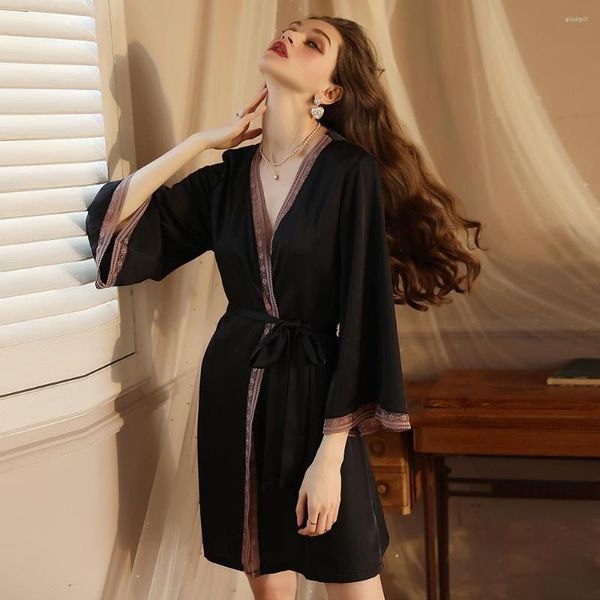 Indumenti da notte da donna Sexy Rayon Silk Loungewear Donna Abbigliamento per la casa Lingerie femminile Camicia da notte larga Camicia da notte in pizzo nero Kimono Accappatoio