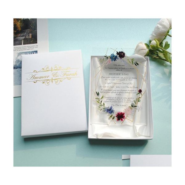 Biglietti d'auguri Stampa personalizzata Colorf Carta acrilica Invito a nozze Foglie d'oro trasparenti1 Drop Delivery Home Garden Festive Par Dh2Uw