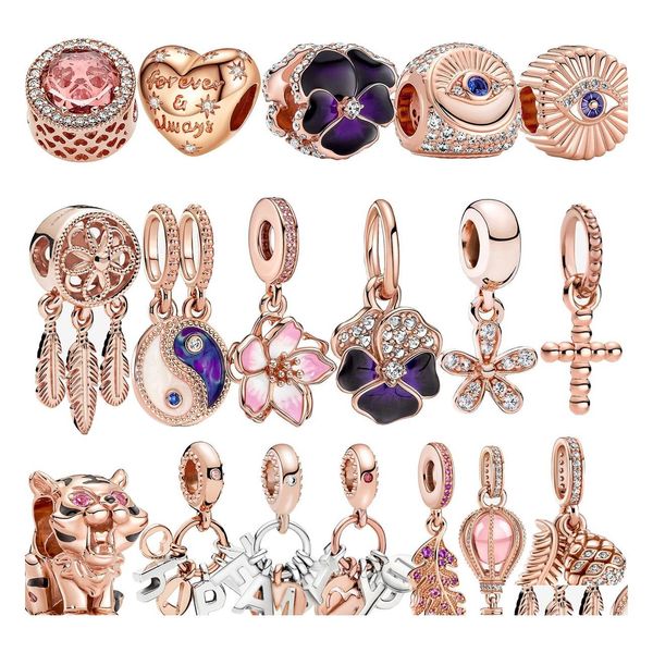 Charms 925 Sterling Sier Oro rosa Fascino trasparente Ciondolo fiore di ciliegio per bracciale Pandora Fai da te Gioielli da donna Regalo Goccia Delive Dh3Jv