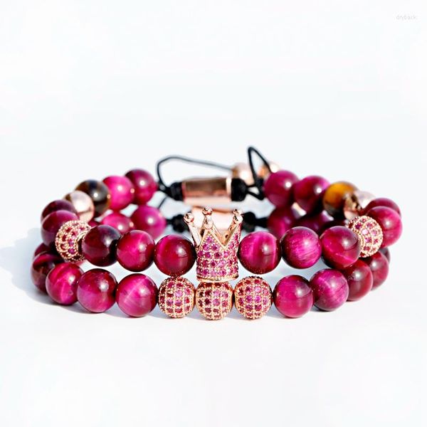 Strand Luxury Classic Crown CZ Zircon Pave Weaving Bracciale Homme Charm Rose Red Tiger Eye Stone Beads Women