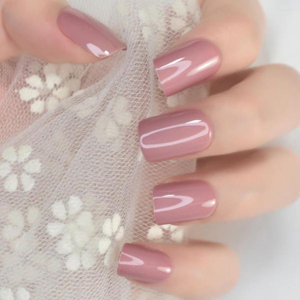 Unhas Postiças Pure Milk Tea Red Pink Press On Medium Squoval Glossy Gel Salon Manicure Reutilizável Diariamente DIY Dicas Falsas