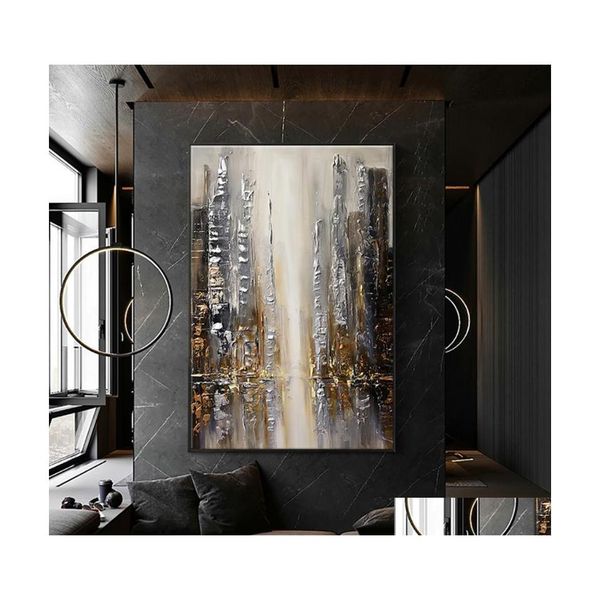Pinturas abstrata pintura a óleo feita à mão Visualização marrom marrom moderno arte para casa cuadros lona grande decoração de salão de salão sem moldura Dro dhfm4