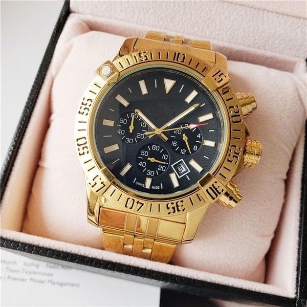 Lüks İsviçre Gold Watch Erkek Tasarımcı Saatler Paslanmaz Çelik Montre De Luxe Askeri Kol saatleri Yaşam Su Geçirmez Kronograf236Z