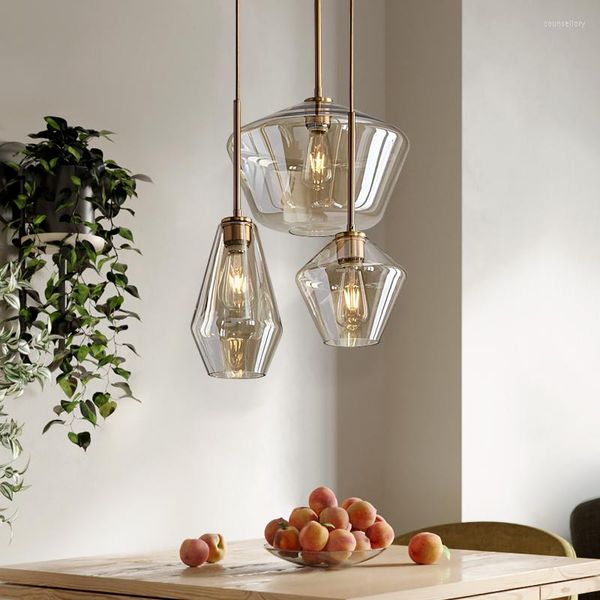 Lampadari Retro Nordic Design Lampada a sospensione a LED per sala da pranzo Tavolo da cucina Soggiorno Camera da letto Lampadario per scale Vetro cognac E27 Luce