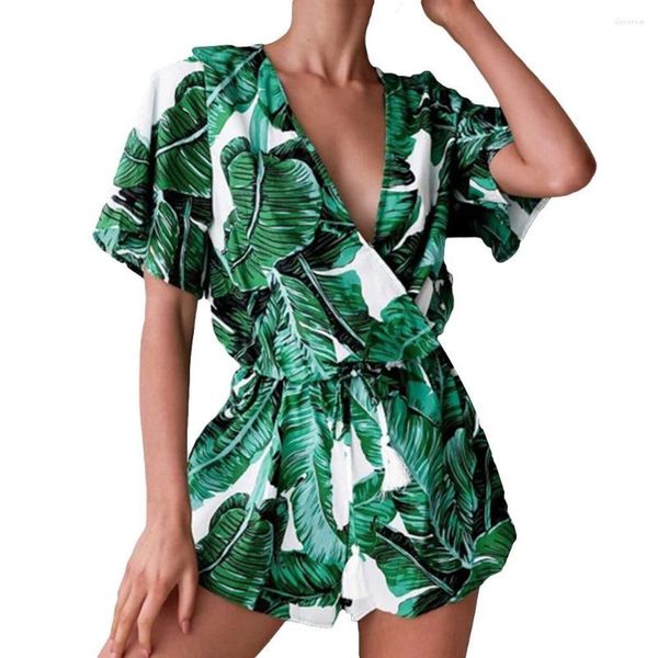 Frauen Overalls Frauen Sommer Tropische Blätter Drucken V-ausschnitt Bandage Strampler Kurze Hosen Overall Femme