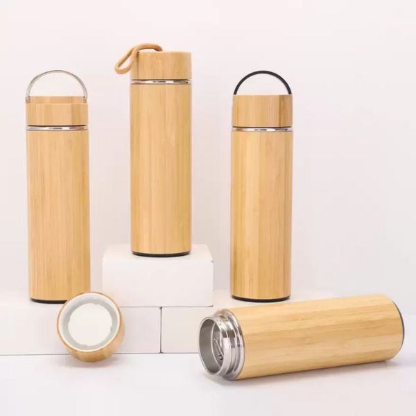 Natürliche Bambus Edelstahl Liner Thermos Wasser Flasche Vakuum Flaschen Isolierte Bambus Tasse Für Tee Trinken FY5314 ss1222