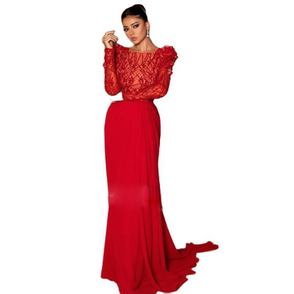 Vermelho sereia vestidos de noite grânulo ilusão superior vestido formal com manga longa trem varredura das mulheres vestidos de novia gala 326 326