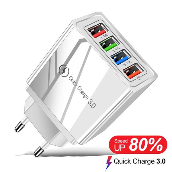 Caricabatterie USB EU US Plug 4 Ricarica rapida 3.0 per iPhone 14 Pro Max Tablet Adattatore mobile da parete portatile