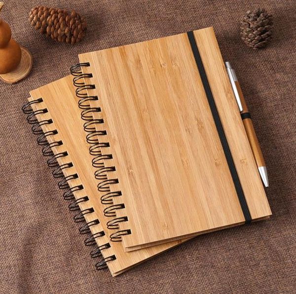 Caderno de bambu de madeira em espiral com capa com caneta estudante ambiental notepads suprimentos escolares de atacado SN556