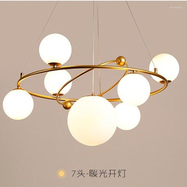 Plafoniere Lampadario moderno nordico a led Lampada a sospensione Anello rotondo dorato per soggiorno Cucina Sala da pranzo Lampada a sospensione con sfera di vetro