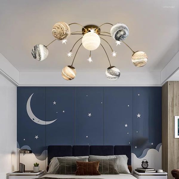 Plafoniere Nordic Led Space Planet Lampadari Camera dei bambini Lampade da letto Lampada calda e romantica in vetro con decorazioni in lustro