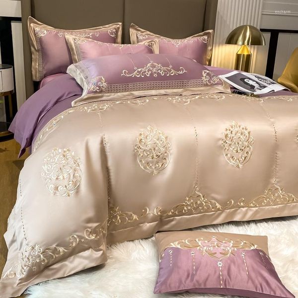 Set di biancheria da letto Set copripiumino ricamato in oro champagne di cotone di seta lavato ad alta precisione di lusso Copripiumino Federe di lino