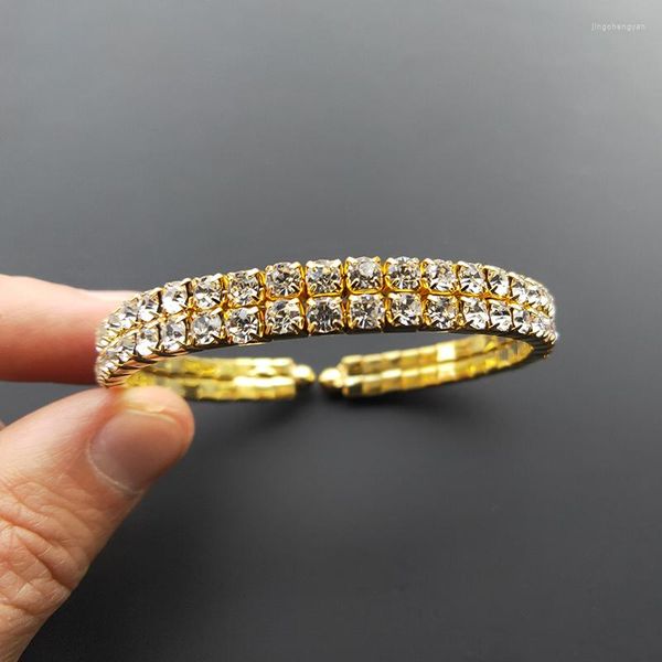 Bracciale rigido con 2 file di strass in cristallo placcato argento e bracciale aperto da sposa color oro per le donne