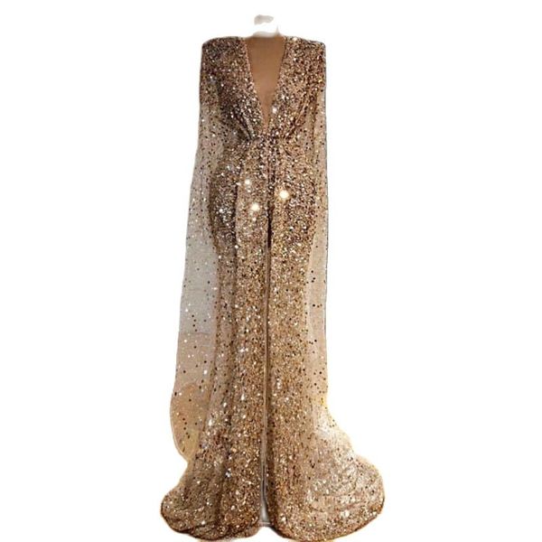 Gold Glitter Prom Kleider Arabisch Dubai Pailletten Perlen V-ausschnitt Meerjungfrau Abendkleider Luxus Lange Ärmel Pageant Kleid Nach Maß 243K