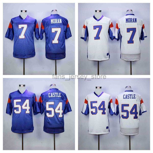 Blue Mountain State Goats Filme Camisa de futebol 7 Moran 54 Castle Ed Jersey Azul Branco