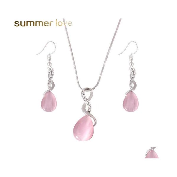 Orecchini Collana Design Opale rosa e anello Set di gioielli Gemma naturale Pietra Orecchini a goccia d'acqua Per le donne Set di consegna Dhwpd