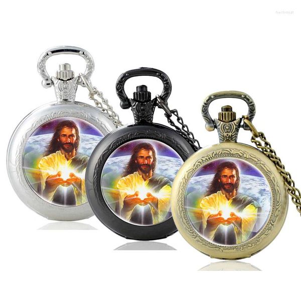 Orologi da taschino Classic Antique Jesus Design Vetro Cabochon Orologio al quarzo Vintage Uomo Donna Collana con ciondolo Orologio a catena