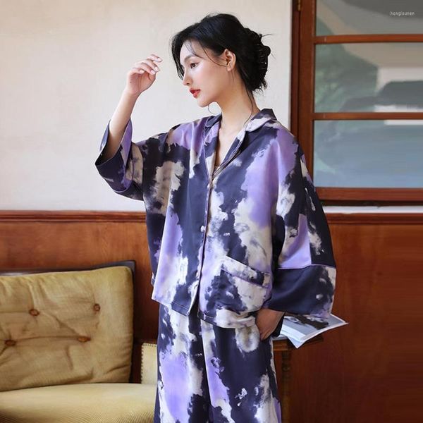 Домашняя одежда женская шелковая пижама, набор с печеной фиолетовой свободной свободной