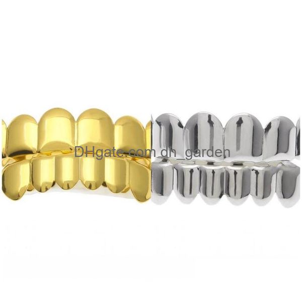 Grillz Dental Grills Classico liscio placcato in oro Bretelle Hip Hop Cool Fashion Uomo Donna Denti Grillz Clown Stesso articolo Dientes Dhgarden Dhefm