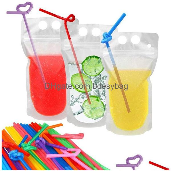 Sacchetti di imballaggio Sacchetto di plastica per bere Bevande per feste Matrimonio Succo di frutta Latte Tè Sacchetto portatile smerigliato Cuore Sacchetti trasparenti per latte 5 Dhj1V