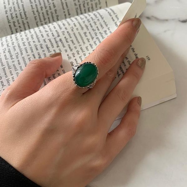 Fedi nuziali di lusso femminile in giada verde, grande anello con ciondolo, colore argento, fidanzamento aperto, ovale alla moda, regolabile per le donne