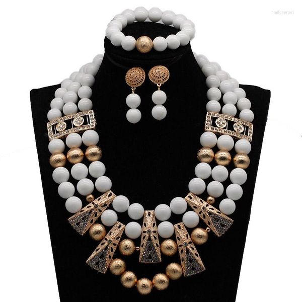 Halskette-Ohrringe-Set, wunderschöne weiße Perlen und afrikanisches, klobiges Lätzchen, goldener nigerianischer Brauthochzeitsschmuck CG080