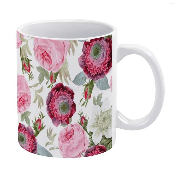 Tassen, Vintage, botanische Rosen, weiße Tasse, 325 ml, lustige Keramikbecher für Kaffee, Tee, Milch, Blumenmuster, rosa Blumen, Landhaus-Chic