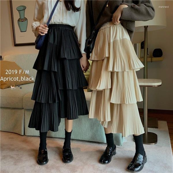 Röcke Hohe Taille Schwarz Unregelmäßigen Kuchen Rock Frauen Retro Casual Multi-schicht Plissee Rüschen Koreanische Mode Kleidung Faldas Mujer straße