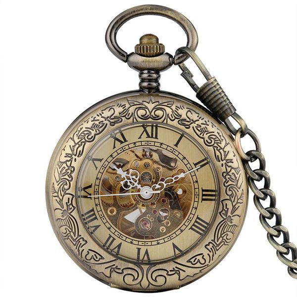 Bronze Vintage Pocket Watch Numbers Roman Skeleton Watches Mecânicos Automáticos Mulheres Mulheres Relógio Auto-Relógio Pingente Chain325T