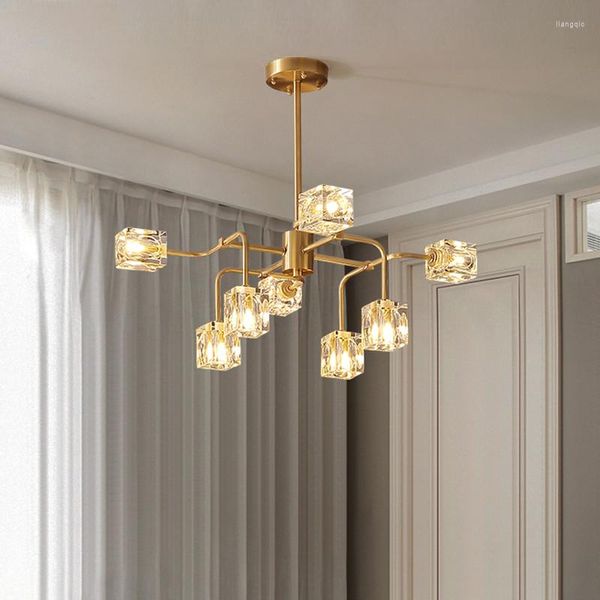 Kronleuchter, quadratischer Kristall-Kronleuchter, Material, künstlerische Zweige, luxuriöse goldene Leuchten für Wohnzimmer, Küche, Decke