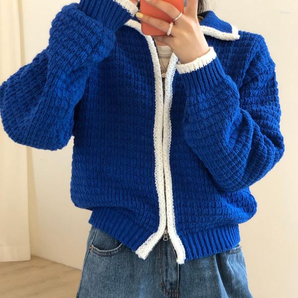 Delle donne Maglieria Risvolto Zip Maglione Giacca Blu Waffle Cardigan Corto 2022 Autunno Inverno Vestiti Delle Donne Torsione Lavorato a Maglia Tirare Casual Puff