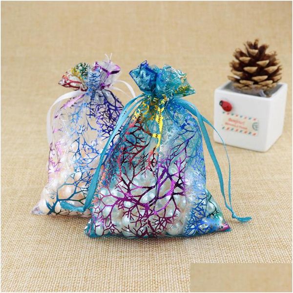 Sacchetti per gioielli Sacchetti da 100 pezzi Sacchetti regalo in organza di moda corallo blu 7X9 cm Dstring Bag Candy Fai da te Drop Delivery Packaging Display Dh3Mi