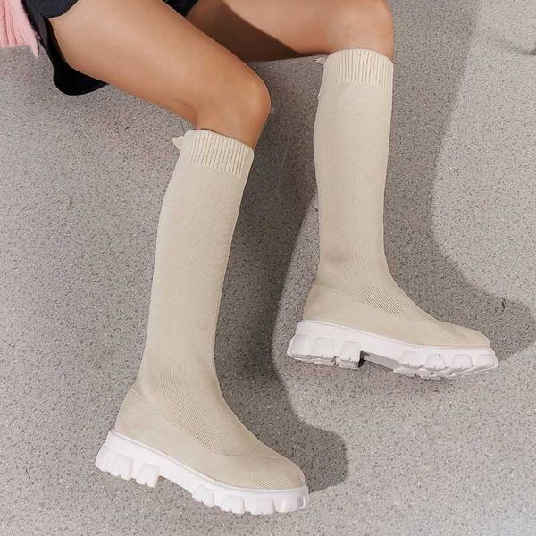 Top Stiefel Herbst Winter Trendy Hoch Gestrickter Plüsch Warme Dicke Socken Mode Pull-on Beige Sport Bequem Chelsea 221213