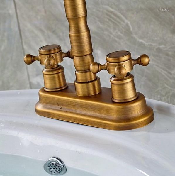 Rubinetti per lavabo da bagno Rubinetto a due fori con doppia maniglia a ponte Miscelatore per lavabo con beccuccio girevole in ottone antico Anf036