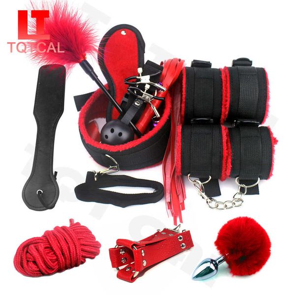 Articoli di bellezza BDSM Bondage Set Nylon Restraint Schiavo Manette Collare Frusta Bavaglio Coda Butt Plug SM Giocattoli sexy Per donne Coppie Accessori erotici