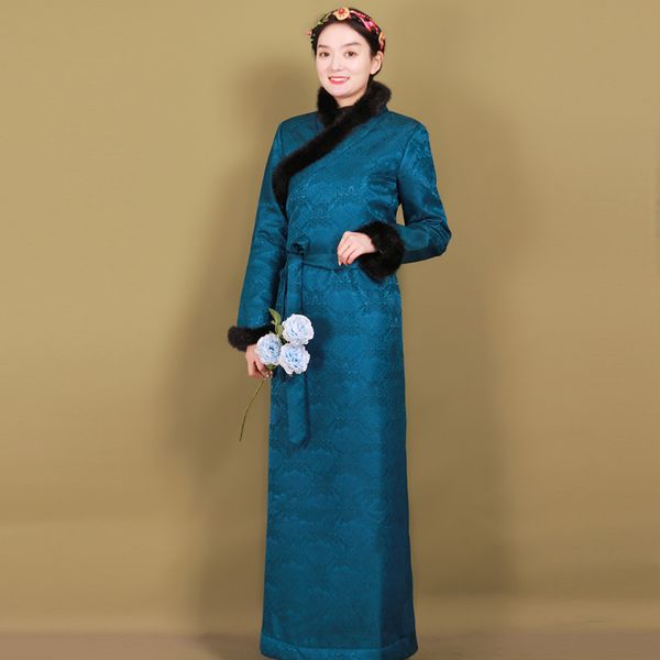 Vintage ethnische Kleidung Winterkleid Tibet Vestido bestickt elegantes Kostüm Traditionelle Frauen Cheongsam Stil Robe