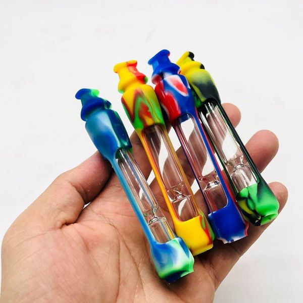 Silicone colorato Proteggi tubi filtranti per la pelle Pyrex Vetro spesso Secco Herb Tabacco Sigaretta Porta fumo One Hitter Catcher Taster Handpipe