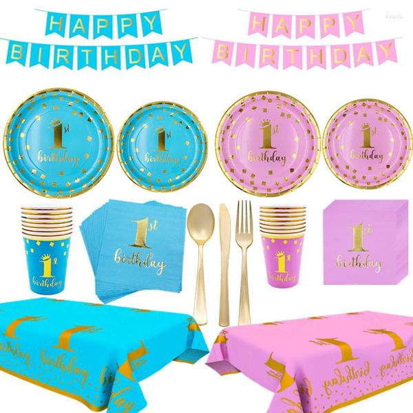 Decorazioni per feste Rosa Blu Stoviglie usa e getta per il primo compleanno Primo ragazzo Ghirlanda Neonata Banner di un anno Happy Deco Kids