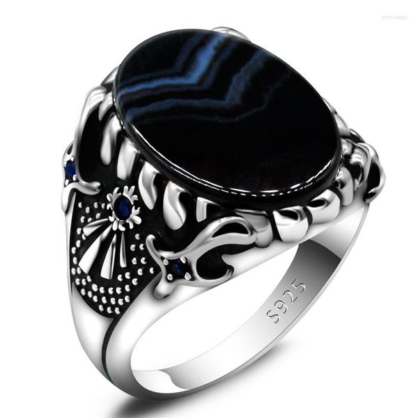 Кластерные кольца подлинный 925 серебряный серебряный серебряный кольцо натуральные черные ювелирные украшения мода ретро подарок aqeeq Zircon onyx аксессуары