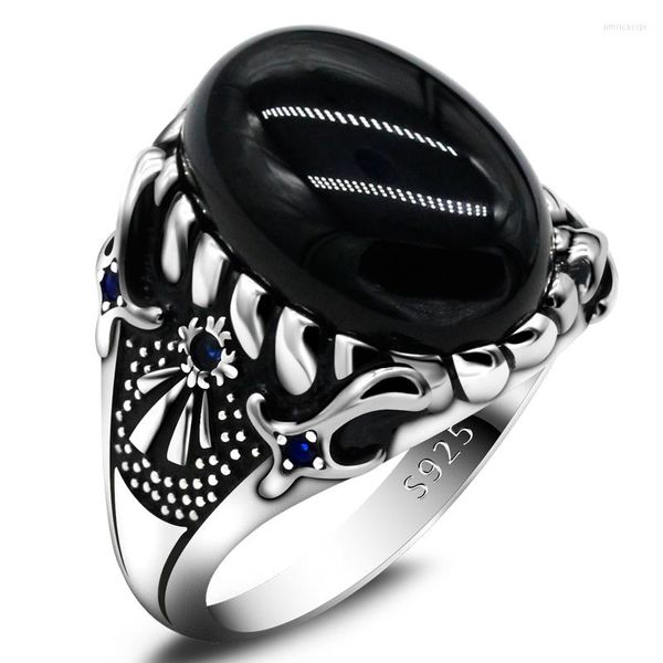 Cluster Ringe Herren Persönlichkeit Ring 925 Sterling Silber Natürlicher Schwarzer Achat Stein Blauer Spinell Doppelter Dolch Türkei Ehemann Schmuck Geschenk