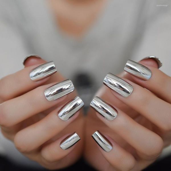 Unghie finte Medium Squoval Electroplate Chrome Fake Gel Tips Decorazione Stick On Flase Nail Opzionale Clean Grey Smooth