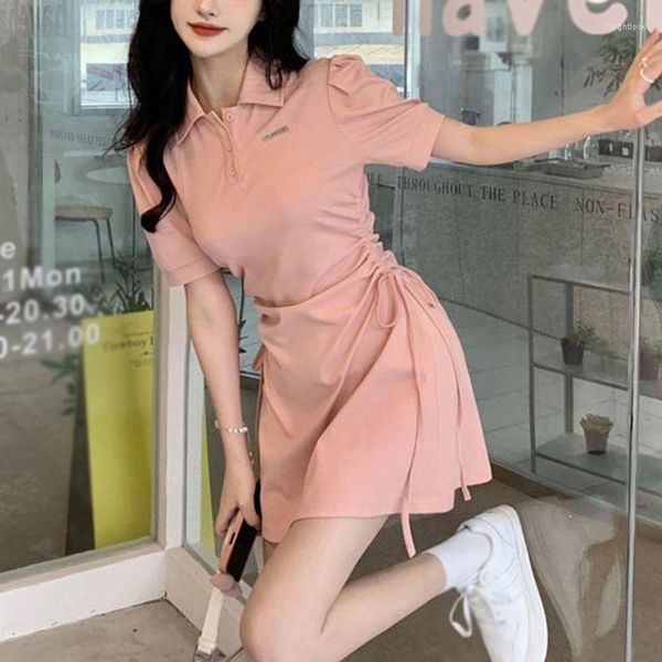 Damen Polos Koreanische Süße Elegante Polokragen Kleider Mädchen Rosa Puffärmel Kordelzug Minikleid Sommer Frauen Sexy Schlank Kurz