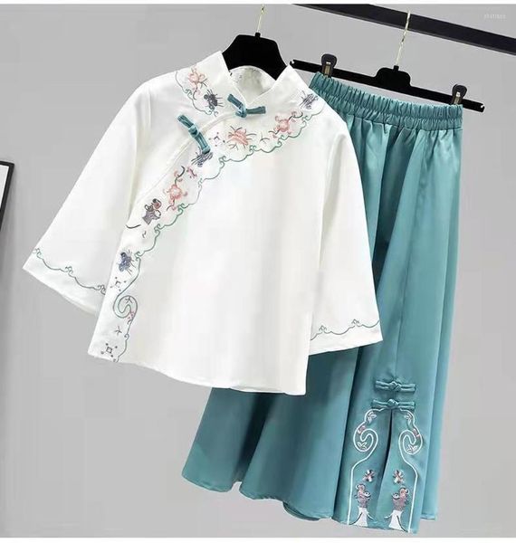 Arbeitskleider Plus Größe 2XL Chinesischen Stil Damen Röcke Anzug 2022 Sommer Retro Stickerei Bluse Verbesserte Hanfu Rock Zweiteiliges Set