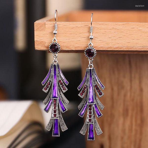 Orecchini pendenti etnici lunghi per gioielli da donna in lega di Boemia Vintage strass di cristallo viola perline Gypsy Jhumka Hangers