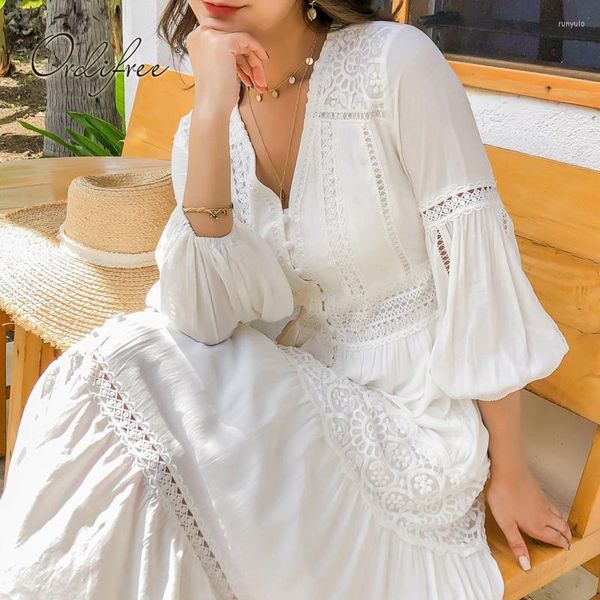 Vestidos casuais ordifree 2022 boho mulheres maxi Party Dress Single Basted Sexy White Lace Cotton Tunic Long Beach Summer Summer Vocation