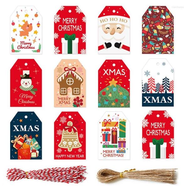 Decorações de Natal 48-96pcs Cartoon Power Paper Tags com corda Papai Noel/boneco de neve/árvore Vintage pendurado Tag de embalagem de embalagens de presente