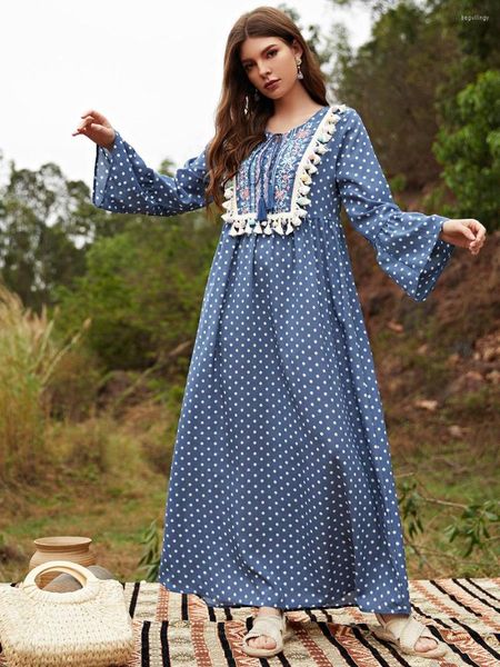 Этническая одежда Голубая точка женщины -мусульманское платье Рамадан Ид Мубарак Абая Дубай Турция Ислам Вестидо Руба
