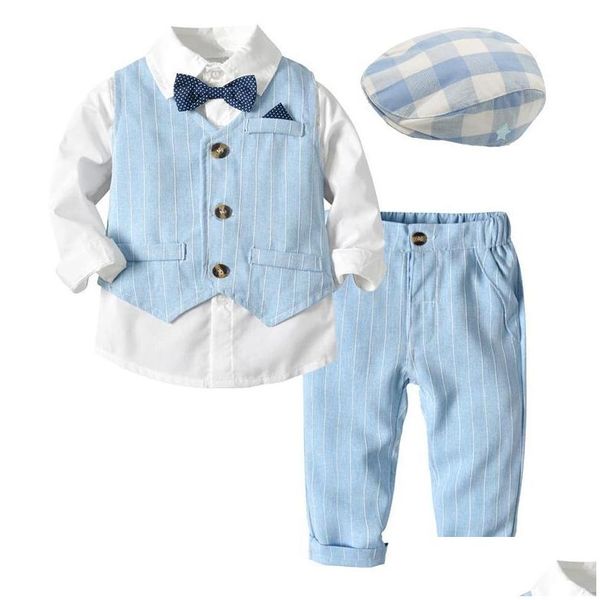 Completi di abbigliamento Maniche lunghe Vestiti per ragazzi Abiti Bambino Bambini Matrimonio Festa formale A righe 15 anni Cappello da bambino Gilet Camicia Ragazzo Drop Delive Dh9Xj